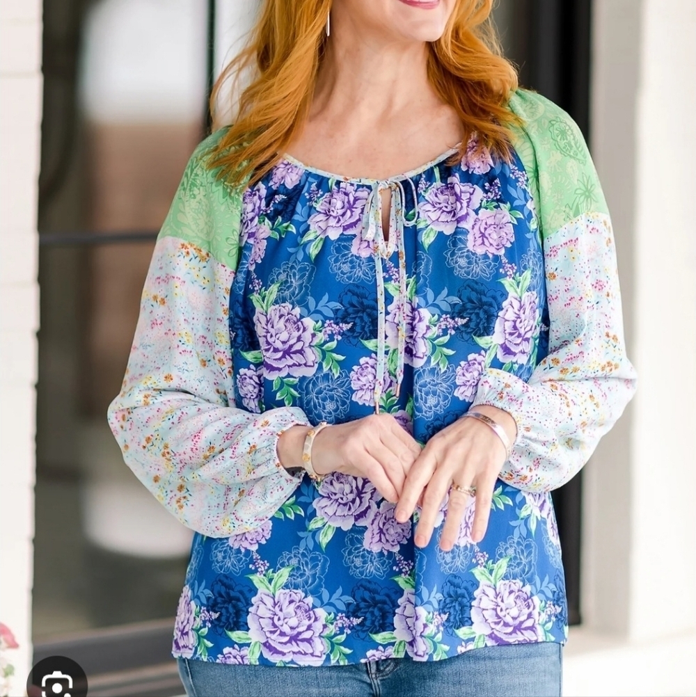 Sz XL The Pioneer Woman Mixed Media Floral Peasant Blouse Open Neck